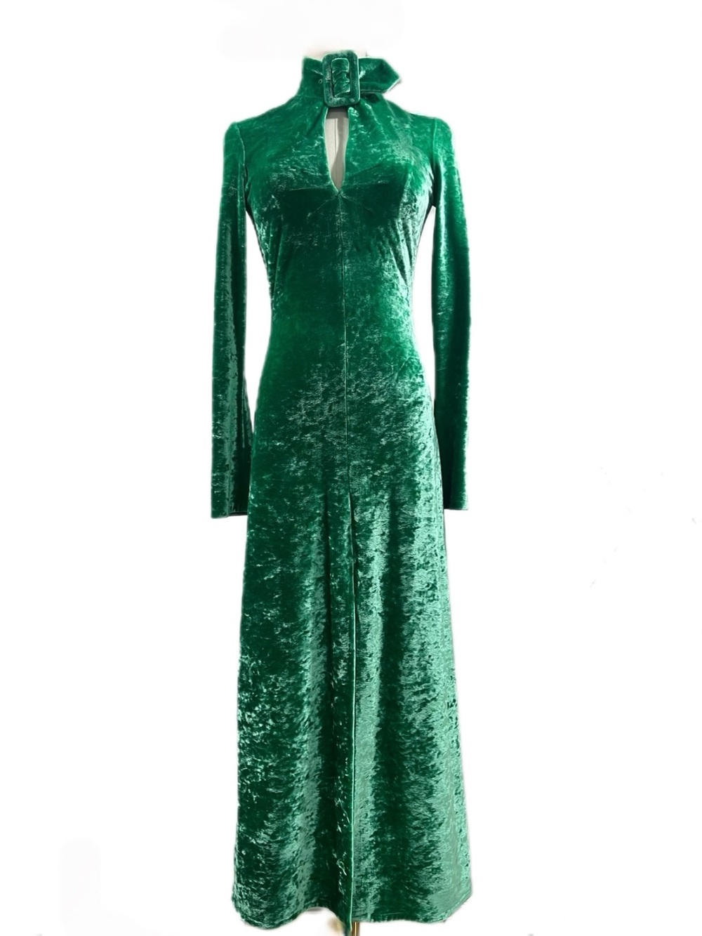 The Attico Green Crushed Velvet Long-Sleeve Maxi Dress with High Neck